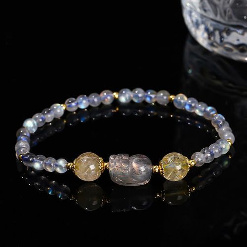 Goforrich Moonstone Strawberry Quartz Tourmaline PiXiu Healing Bracelet