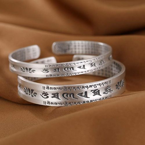 Goforrich 999 Sterling Silver Om Mani Padme Hum Lotus Wisdom Bracelet Bangle