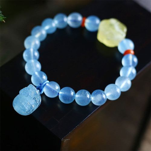 Goforrich Natural Aquamarine Amber Pixiu Peace Healing Charm Bracelet