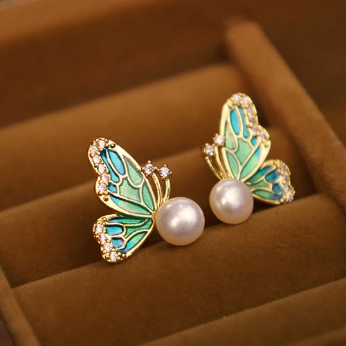 Goforrich 925 Sterling Silver Posts 18K Gold Plated Copper Natural Pearl Butterfly Healing Stud Earrings