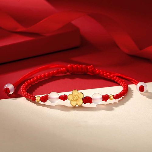 Buddha Stones Handmade 925 Sterling Silver Peach Blossom Cherry Sakura Chalcedony Bead Luck Red Rope Bracelet