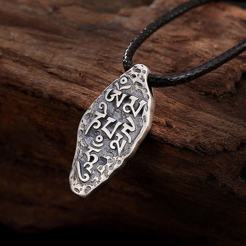 Buddha Stones Tibetan 925 Sterling Silver Om Mani Padme Hum Dorje Vajra Engraved Strength Necklace Pendant