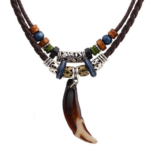 Buddha Stones Ethnic Wolf Tooth Pattern Beads Wealth Necklace Pendant