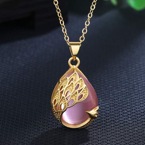 Buddha Stones Pink Crystal Green Chalcedony Peacock Copper Soothing Love Necklace Pendant