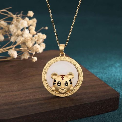 Buddha Stones White Jade Year of the Tiger Blessing Necklace