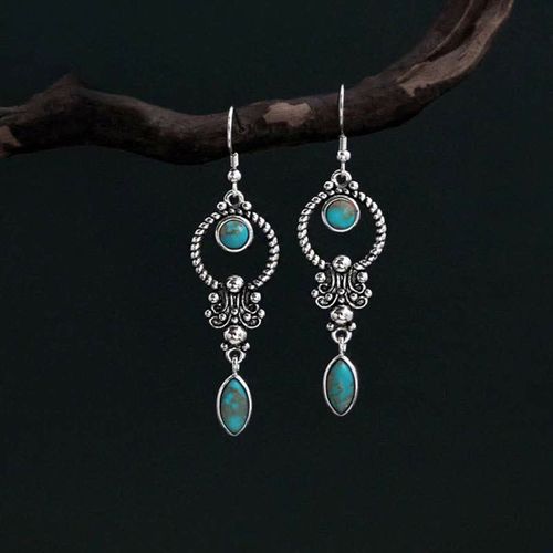 Goforrich 925 Sterling Silver Vintage Turquoise Waterdrop Pattern Balance Drop Dangle Earrings