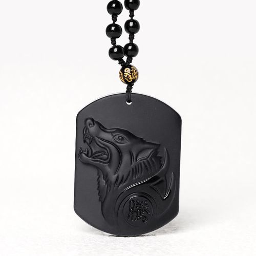 Buddha Stones Black Obsidian Stone Wolf Purification Pendant Necklace