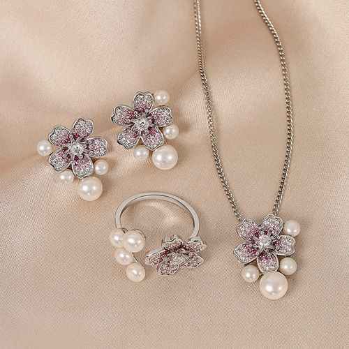 Goforrich Cherry Blossom Sakura Design Pearl Healing Necklace Pendant Ring Earrings Set