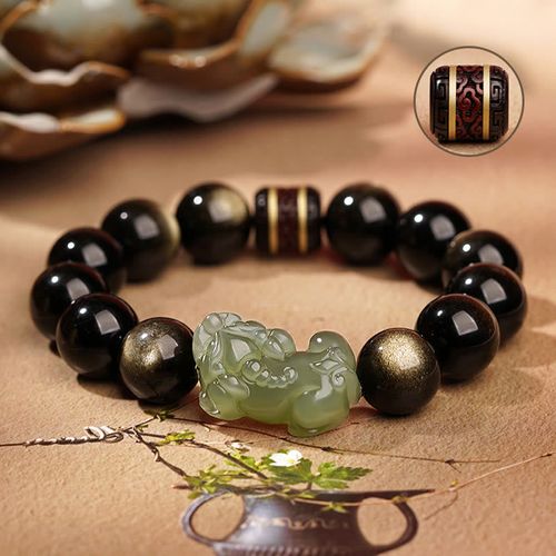 Goforrich Natural Gold Sheen Obsidian Hetian Cyan Jade White Jade PiXiu Wealth Bracelet