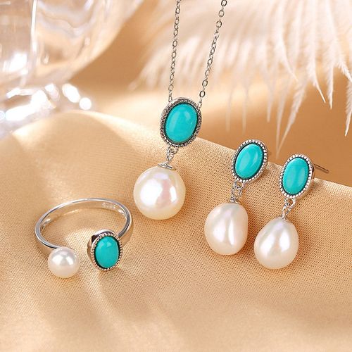 Goforrich 925 Sterling Silver Pearl Turquoise Healing Wisdom Necklace Pendant Ring Earrings