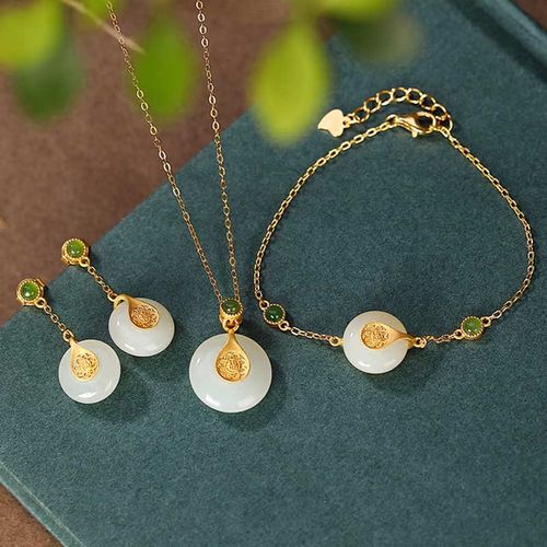 Goforrich 925 Sterling Silver Plated Gold Hetian Jade Fu Character Luck Necklace Pendant Bracelet Earrings