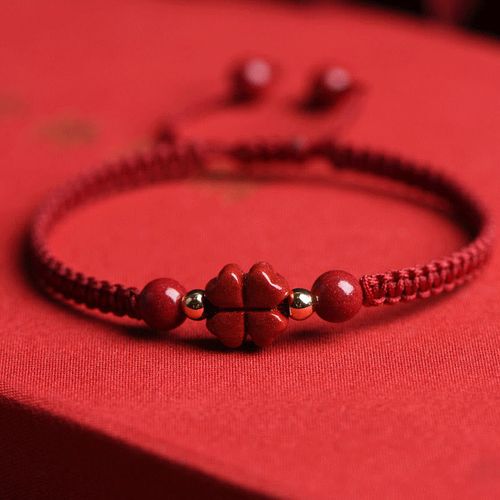 Buddha Stones Four Leaf Clover Five-petal Flower Cinnabar Blessing Red String Bracelet