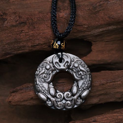 Goforrich Natural Silver Sheen Obsidian Double PiXiu Copper Coin Peace Buckle Protection Necklace Pendant