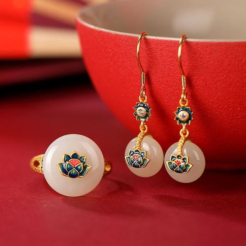 Goforrich 925 Sterling Silver Plated Gold Hetian Jade Lotus Luck Ring Earrings Set