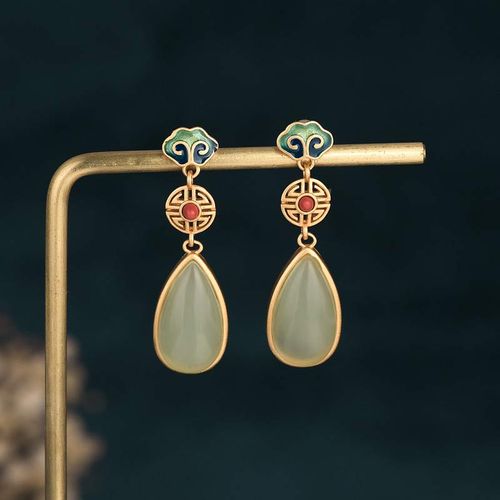 Goforrich FengShui Jade Double Happiness Fortune Earrings