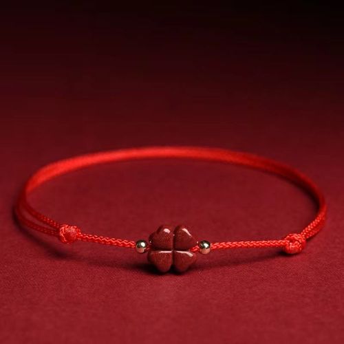 Buddha Stones Natural Cinnabar Four Leaf Clover Blessing Red String Bracelet Anklet