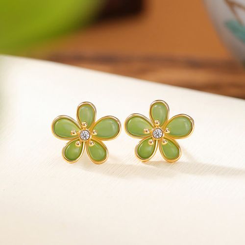 Goforrich 925 Sterling Silver Hetian Jade Flower Design Abundance Luck Earrings