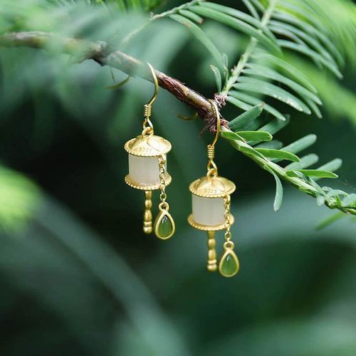 Goforrich 925 Sterling Silver Jade Prayer Wheel Luck Drop Earrings