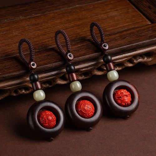 Goforrich Tibet Om Mani Padme Hum PiXiu Copper Coin Small Leaf Red Sandalwood Cinnabar Protection Key Chain