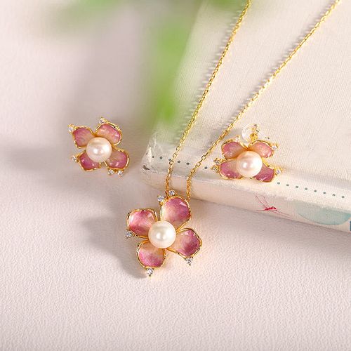 Goforrich 925 Sterling Silver Pearl Red Flower Petals Design Wisdom Necklace Pendant Earrings Set