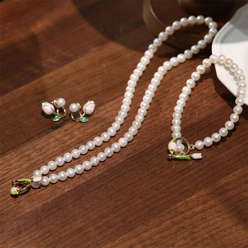 Goforrich Natural Pearl Tulip Flower Healing Necklace Pendant Bracelet Earrings Set