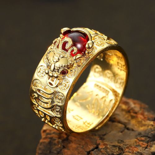 Goforrich FengShui PiXiu Red Garnet Heart Sutra Wealth Ring