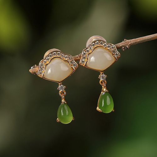 Goforrich White Jade Cyan Jade Fan Water Drop Pattern Luck Drop Earrings