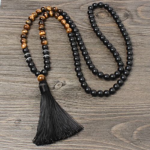 Buddha Stones Black Onyx Tiger Eye Fortune Bracelet Tassel Necklace Pendant