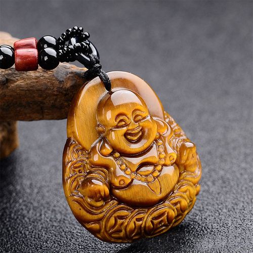 Buddha Stones Tiger's Eye Laughing Buddha Blessing Necklace