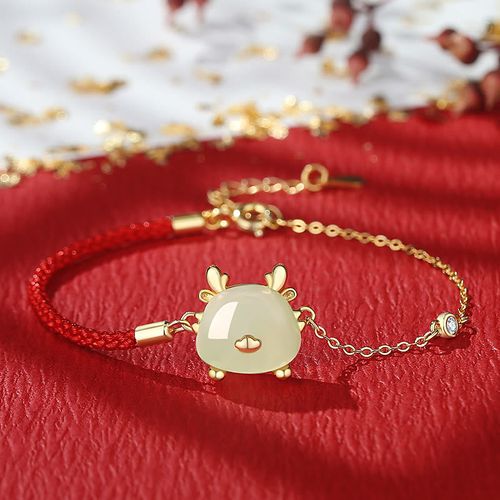 Goforrich 925 Sterling Silver Year of the Dragon Natural Hetian Jade Red Agate Cute Dragon Protection Success Bracelet Necklace Pendant Earrings