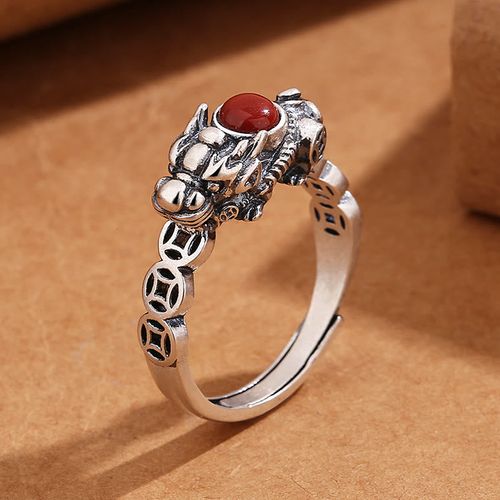 Goforrich PiXiu Copper Coin Red Agate Wealth Luck Ring