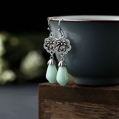 Goforrich Magnolia Flower Jade Water Drop Prosperity Dangle Earrings