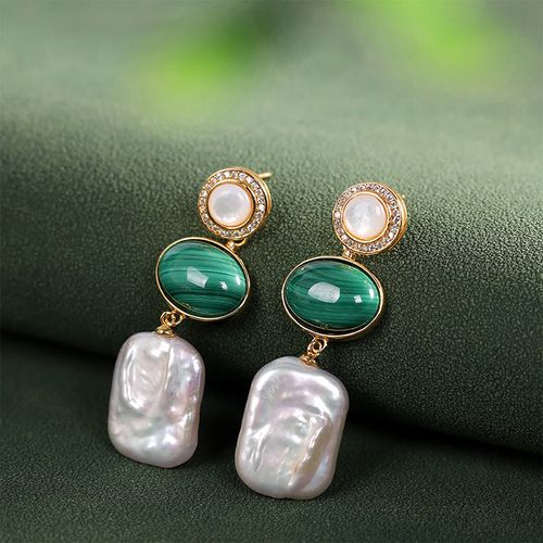 Goforrich 925 Sterling Silver Natural Baroque Pearl Malachite Healing Wisdom Drop Earrings