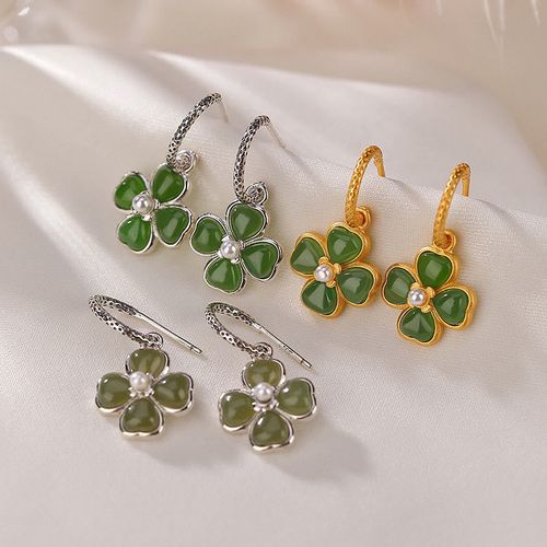 Goforrich 925 Sterling Silver Natural Cyan Jade Four Leaf Clover Luck Success Earrings