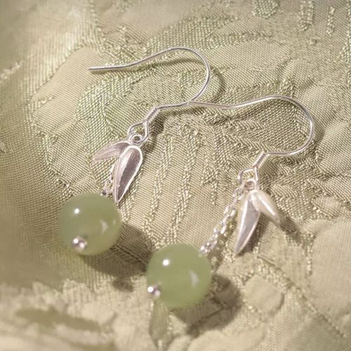 Goforrich 999 Sterling Silver Hetian Jade Bead Bamboo Leaf Luck Drop Dangle Earrings