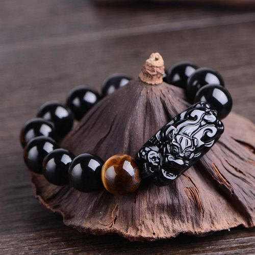 Goforrich Natural Black Obsidian PiXiu Tiger's Eye Strength Bracelet