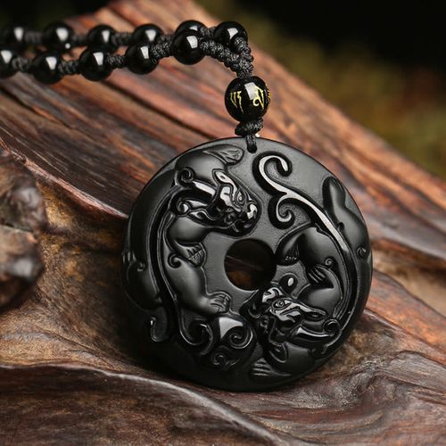 Goforrich Natural Black Obsidian Peace Buckle Pixiu Bead Rope Strength Necklace Pendant