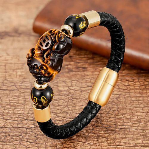 Goforrich Tiger Eye Black Onyx Red Agate PiXiu Copper Coin Om Mani Padme Hum Strength Leather Bracelet