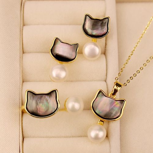 Goforrich 925 Sterling Silver Posts Cute Cat Tridacna Stone Pearl Ring Earrings Necklace Jewelry Set