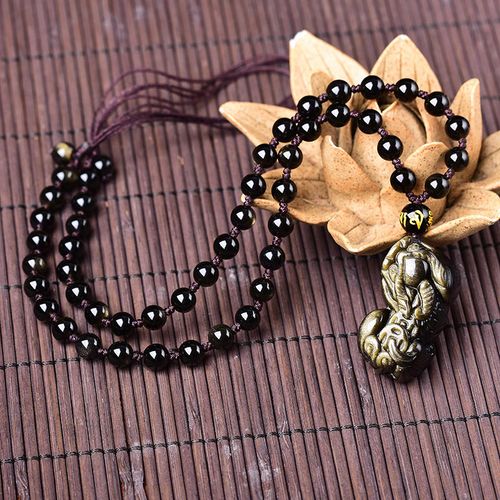 Goforrich FengShui Gold Sheen Obsidian PiXiu Wealth Necklace