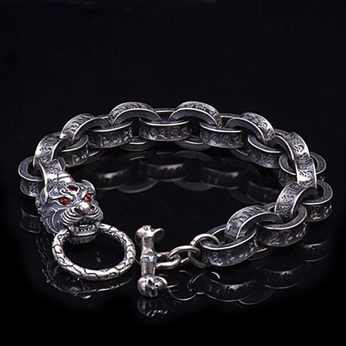 Buddha Stones 925 Sterling Silver Dragon Kirin Om Mani Padme Hum Success Strength Bracelet Bangle