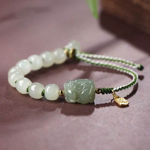 Goforrich Natural Hetian Jade PiXiu Luck Fu Character String Bracelet