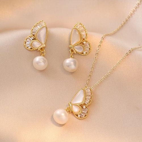 Goforrich Tridacna Stone Pearl Bead Butterfly Healing Necklace Pendant Earrings Set