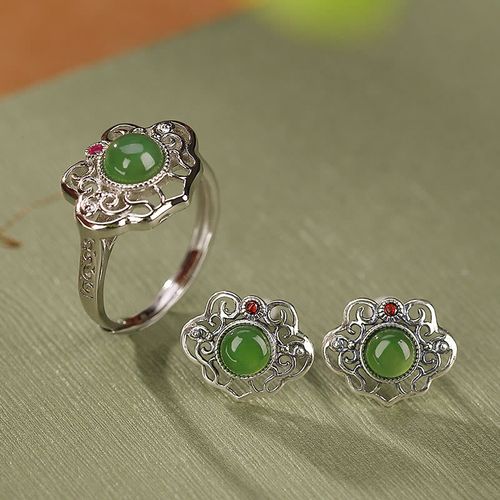 Goforrich 925 Sterling Silver Natural Hetian Cyan Jade Hollow Design Luck Ring Earrings Set