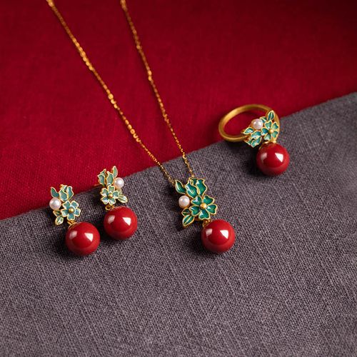 Goforrich 925 Sterling Silver Plated Gold Cinnabar Pearl Flower Blessing Necklace Pendant Earrings Ring Set