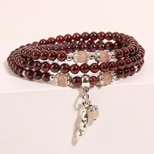 Goforrich Natural Garnet Strawberry Quartz Green Beans PiXiu Protection Triple Wrap Bracelet