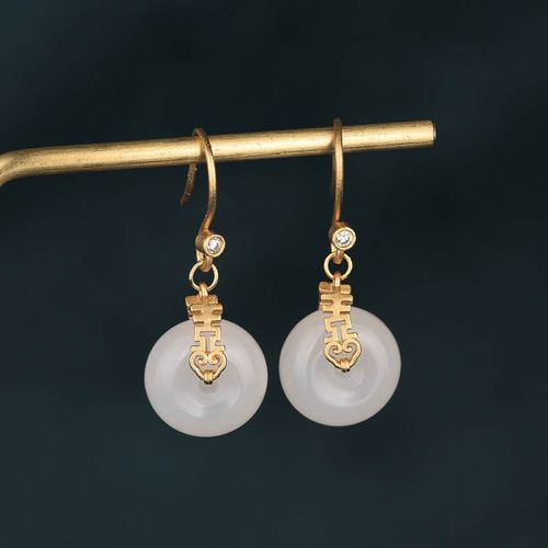 Goforrich White Jade Double Happiness Fortune Earrings