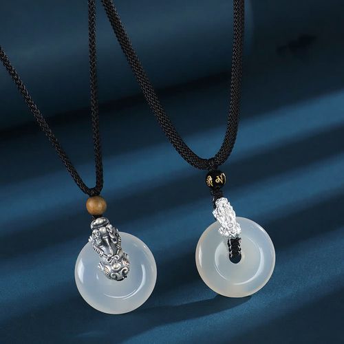 Goforrich White Agate 999 Sterling Silver Black Onyx Green Sandalwood Pi Xiu Peace Buckle Six True Words Necklace Pendant