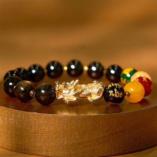 Goforrich Natural Gold Sheen Obsidian PiXiu Five Directions Gods of Wealth Protection Bracelet