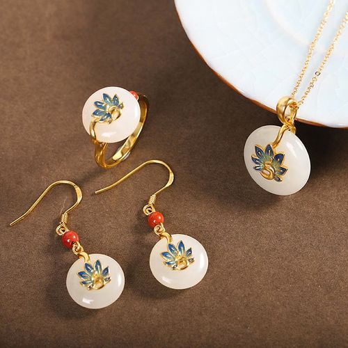 Goforrich 925 Sterling Silver Natural Hetian White Jade Peacock Blessing Necklace Pendant Ring Earrings Set